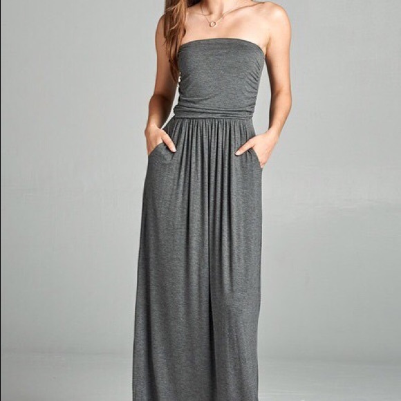 FINAL✨Gray Maxi tube top dress with pockets - Picture 2 of 4